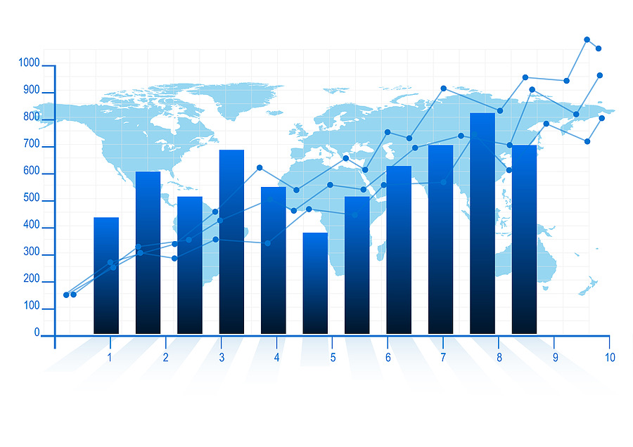Bar graph showing rising values over a world map background