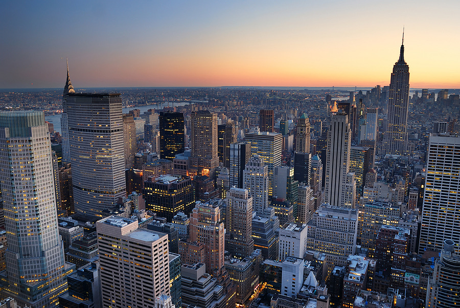 Aerial skyline view of Manhattan skyscrapers at sunset