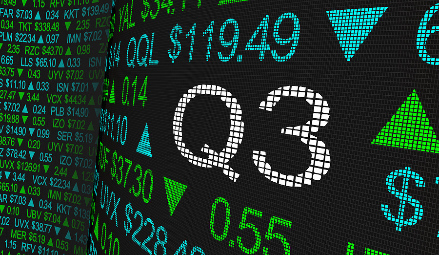 Digital stock ticker board displaying Q3 market data