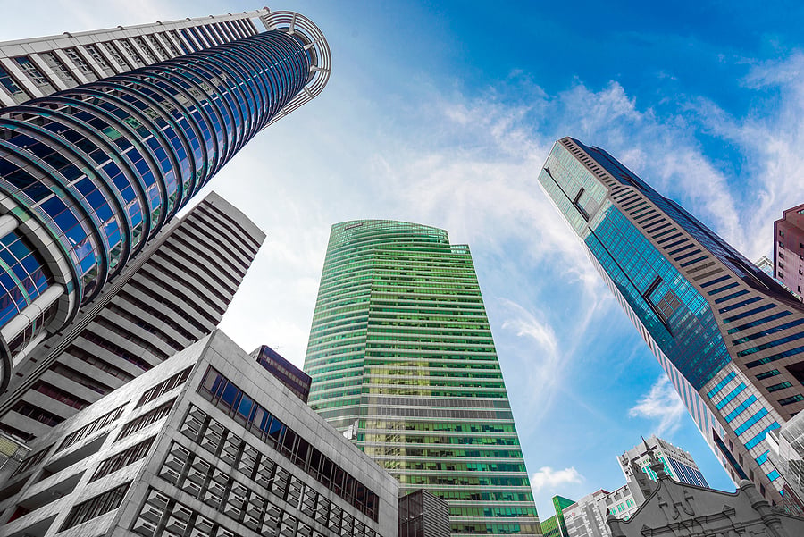 Low angle view of modern office skyscrapers